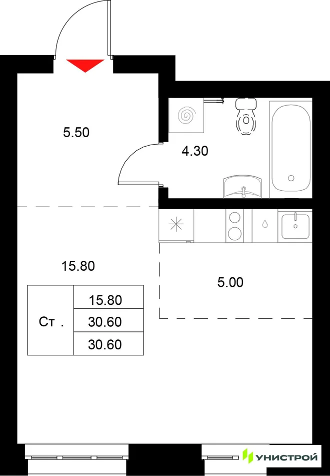 Планировка 1-комн. квартира, 30.6 м² ЖК «Уникод на Технической»