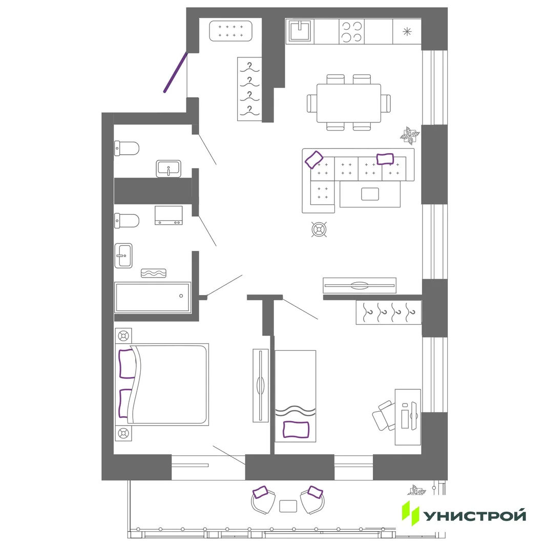 Планировка 2-комн. квартира, 63.1 м² ЖК «Риверсайд»