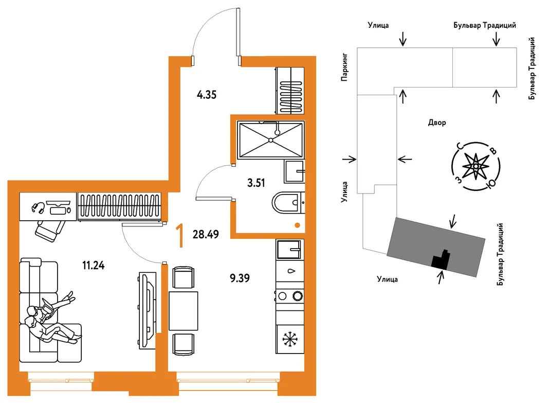Планировка 1-комн. квартира, 28.49 м² ЖК «Микрорайон Домашний»