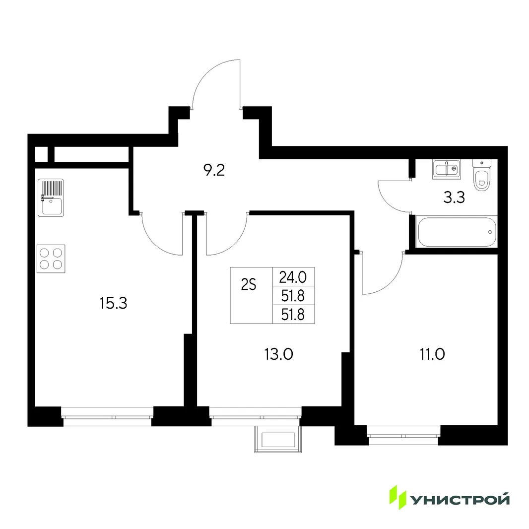 Планировка 2-комн. квартира, 51.8 м² ЖК «Стадиум»