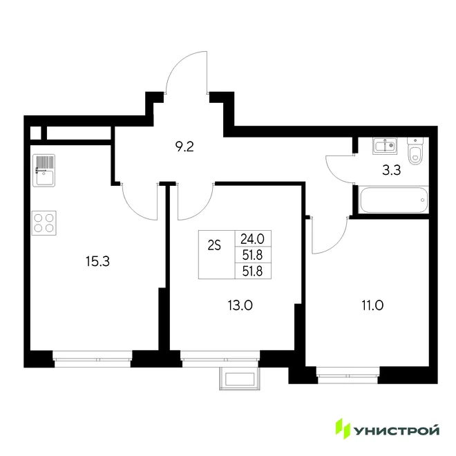 Планировка 2-комн. квартира, 51.8 м² ЖК «Стадиум»