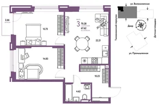 Планировка 3-комн. квартира, 70.28 м² ЖК «Страна Прибрежная»