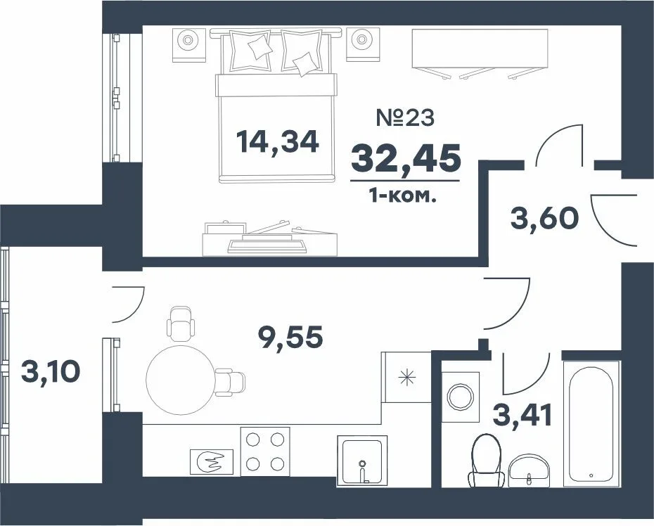 Планировка 1-комн. квартира, 32.45 м² ЖК «мкр. Долина»