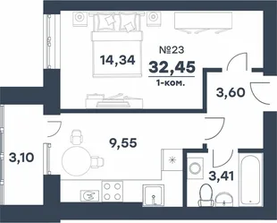 Планировка 1-комн. квартира, 32.45 м² ЖК «мкр. Долина»
