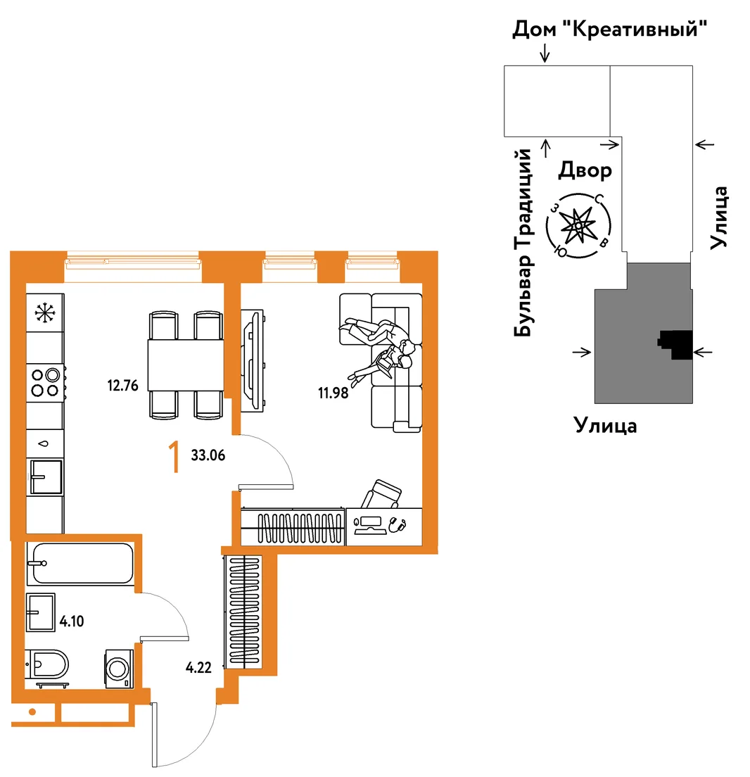 Планировка 1-комн. квартира, 33.06 м² ЖК «Микрорайон Домашний»