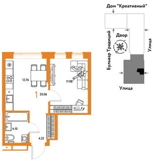 Планировка 1-комн. квартира, 33.06 м² ЖК «Микрорайон Домашний»