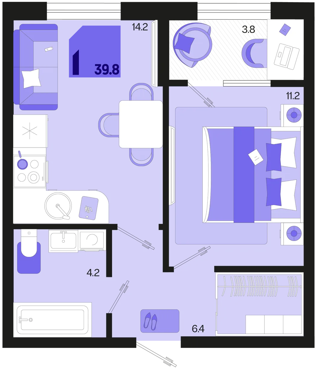 Планировка 1-комн. квартира, 39.8 м² ЖК «Первое место»