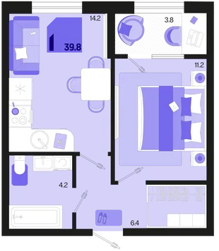Планировка 1-комн. квартира, 39.8 м² ЖК «Первое место»
