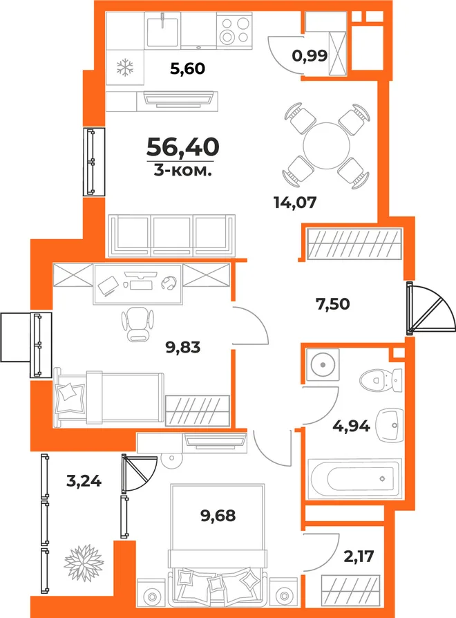 Планировка 3-комн. квартира, 56.4 м² ЖК «Живописный сад» Планировка 3-комн. квартира, 56.4 м² ЖК «Живописный сад»