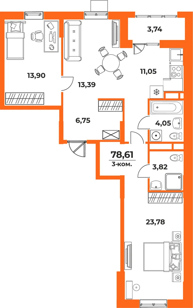 Планировка 3-комн. квартира, 78.61 м² ЖК «Живописный сад» Планировка 3-комн. квартира, 78.61 м² ЖК «Живописный сад»