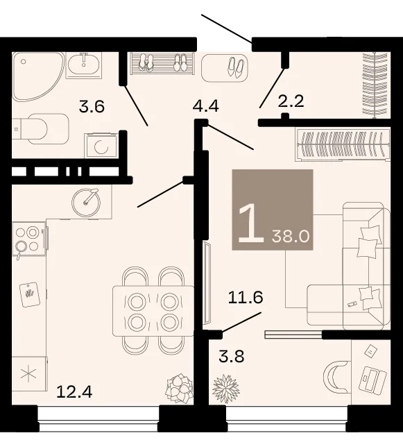 Планировка 1-комн. квартира, 38 м² ЖК «Хозяин морей»