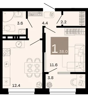 Планировка 1-комн. квартира, 38 м² ЖК «Хозяин морей»
