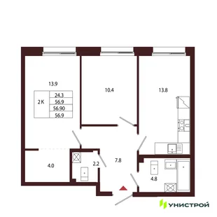 Планировка 2-комн. квартира, 56.9 м² ЖК «Лисино»