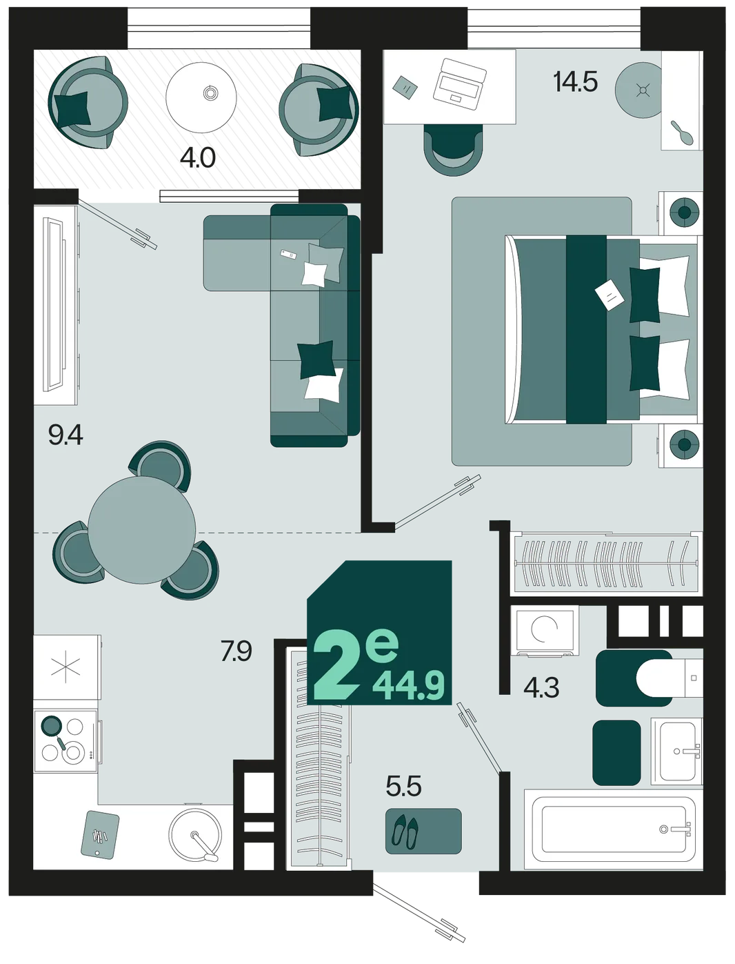 Планировка 2-комн. квартира, 44.9 м² ЖК «Первое место»