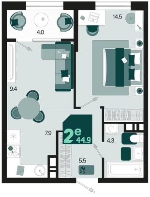 Планировка 2-комн. квартира, 44.9 м² ЖК «Первое место»