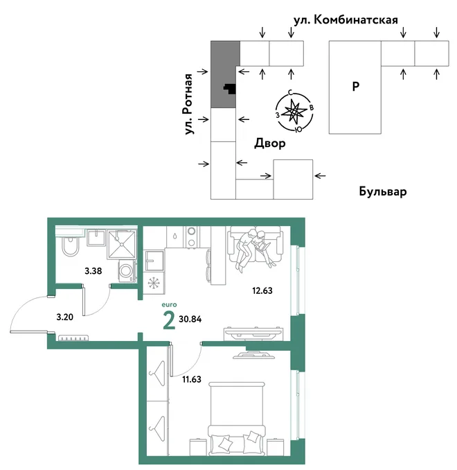 Планировка 2-комн. квартира, 30.84 м² ЖК «Уральский сад» Планировка 2-комн. квартира, 30.84 м² ЖК «Уральский сад»