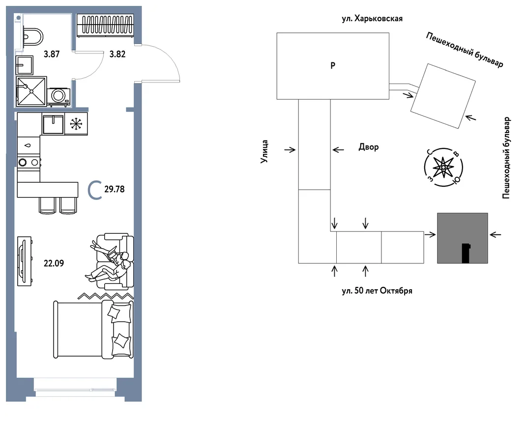 Планировка Студия, 29.78 м² ЖК «Сердце Сибири»