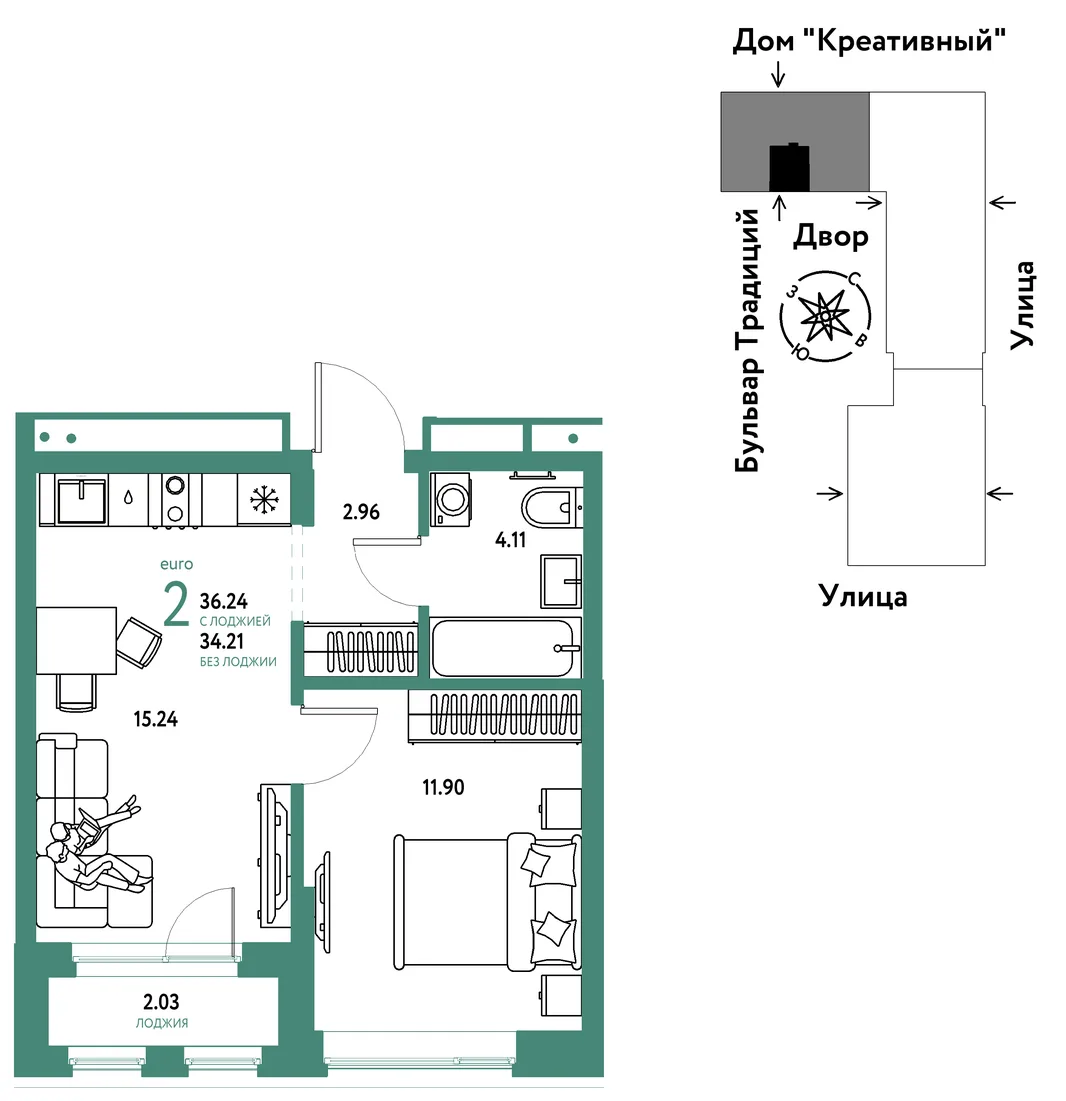 Планировка 2-комн. квартира, 36.24 м² ЖК «Микрорайон Домашний»