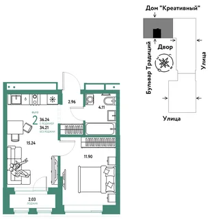 Планировка 2-комн. квартира, 36.24 м² ЖК «Микрорайон Домашний»