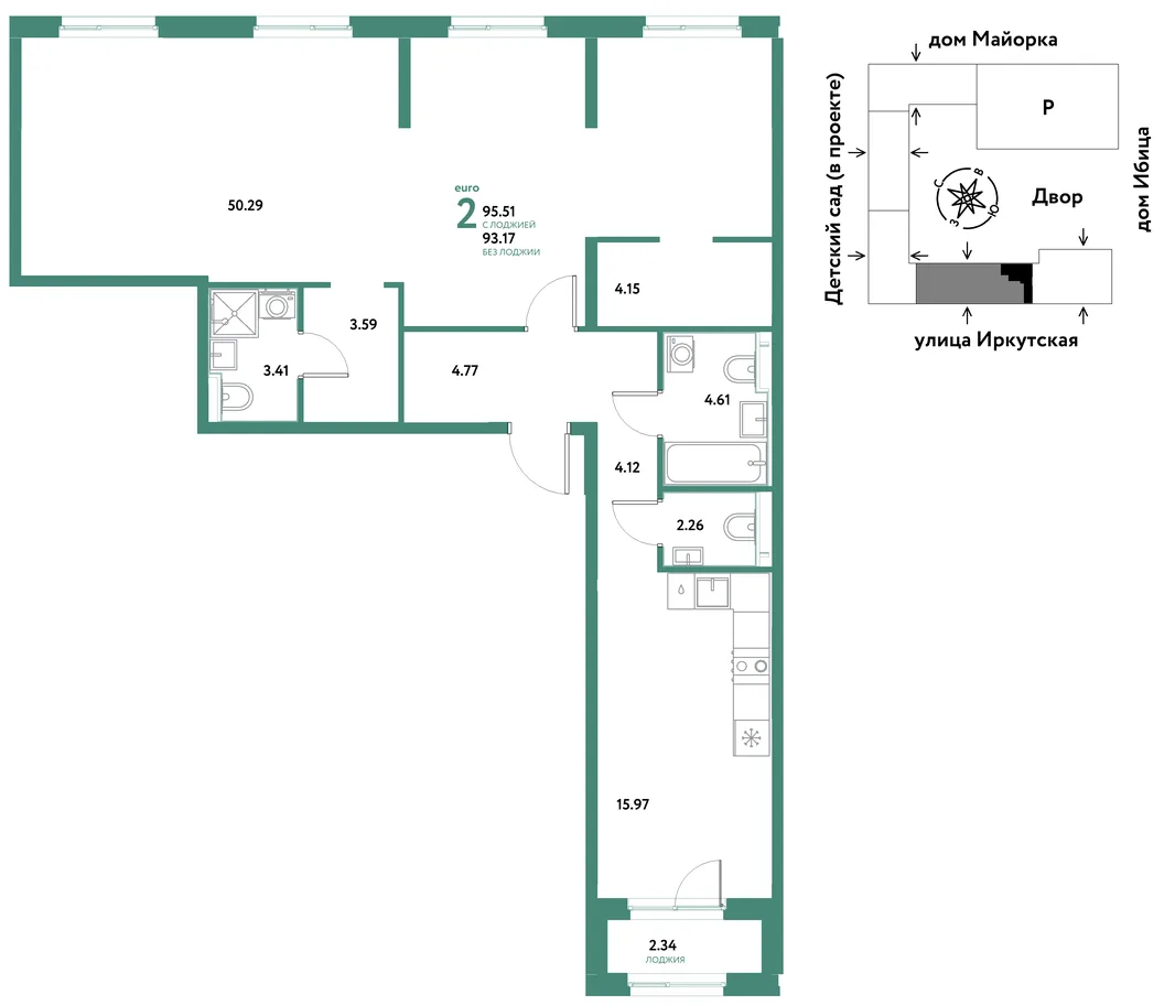 Планировка 7-комн. квартира, 95.51 м² ЖК «Остров-сад»