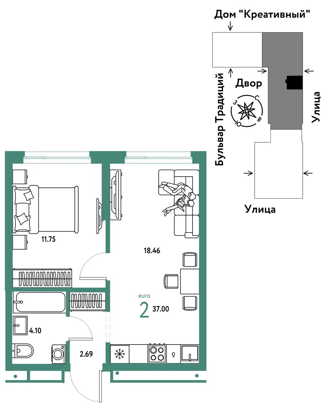 Планировка 2-комн. квартира, 37 м² ЖК «Микрорайон Домашний»