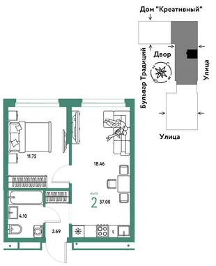 Планировка 2-комн. квартира, 37 м² ЖК «Микрорайон Домашний»