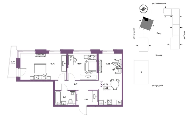 Планировка 3-комн. квартира, 67.78 м² ЖК «Уральский сад» Планировка 3-комн. квартира, 67.78 м² ЖК «Уральский сад»