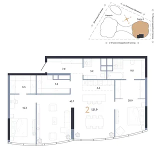 Планировка 2-комн. квартира, 121.9 м² ЖК «АУРУС Резиденции»