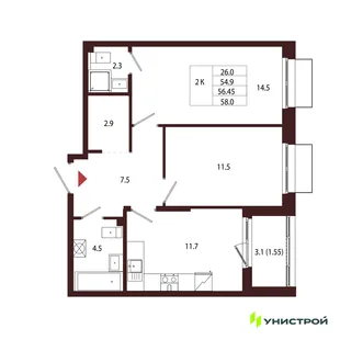 Планировка 2-комн. квартира, 56.45 м² ЖК «Лисино»