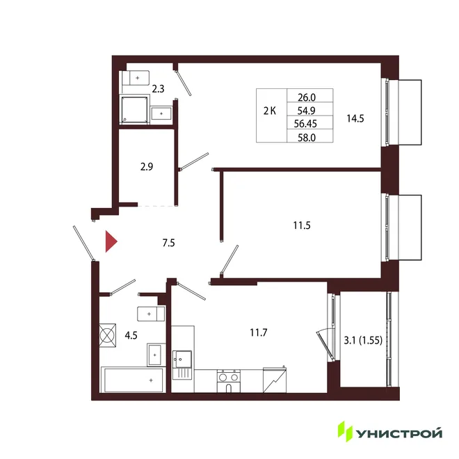 Планировка 2-комн. квартира, 56.45 м² ЖК «Лисино» Планировка 2-комн. квартира, 56.45 м² ЖК «Лисино»