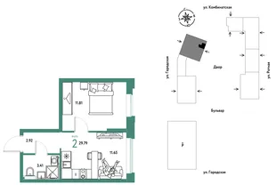 Планировка 2-комн. квартира, 29.79 м² ЖК «Уральский сад»