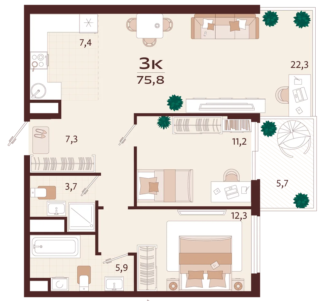 Планировка 3-комн. квартира, 75.8 м² ЖК «Роялта»