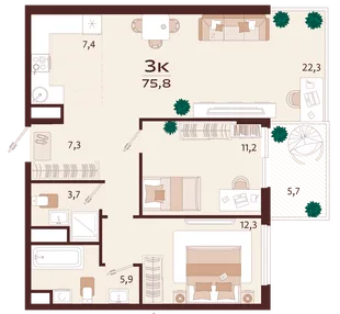 Планировка 3-комн. квартира, 75.8 м² ЖК «Роялта»