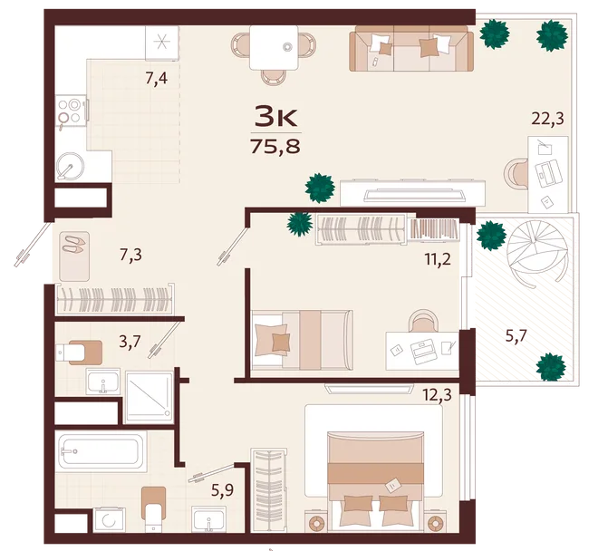 Планировка 3-комн. квартира, 75.8 м² ЖК «Роялта» Планировка 3-комн. квартира, 75.8 м² ЖК «Роялта»