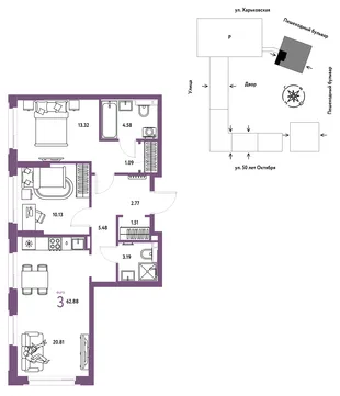 Планировка 3-комн. квартира, 62.88 м² ЖК «Сердце Сибири»