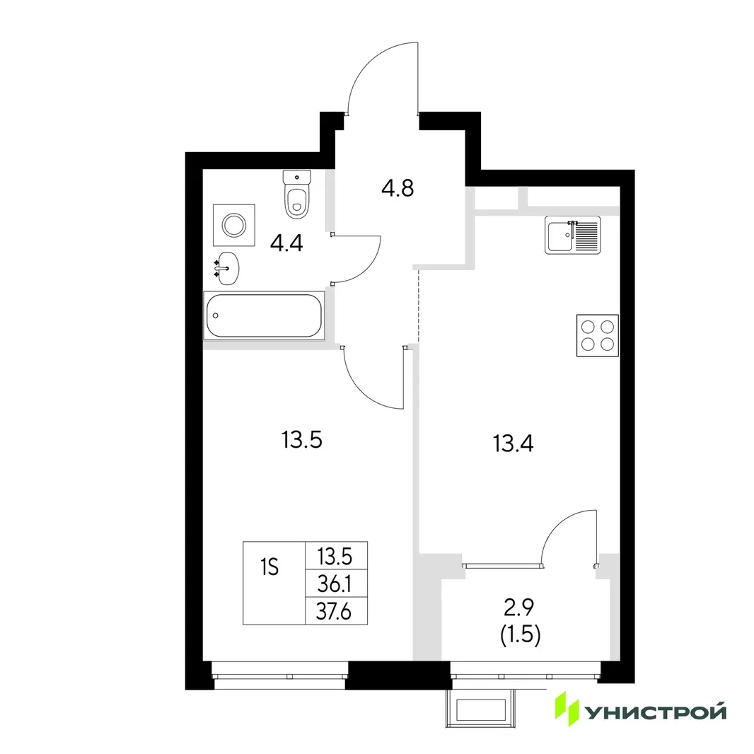 Планировка 1-комн. квартира, 37.6 м² ЖК «Стадиум»