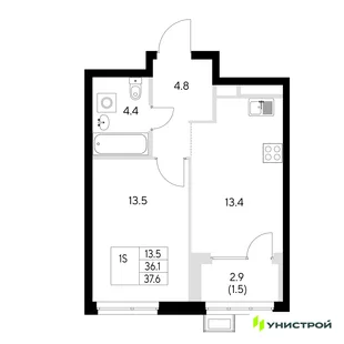 Планировка 1-комн. квартира, 37.6 м² ЖК «Стадиум»