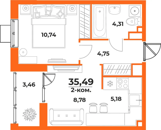 Планировка 2-комн. квартира, 35.49 м² ЖК «Живописный сад» Планировка 2-комн. квартира, 35.49 м² ЖК «Живописный сад»