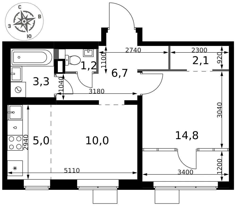 Планировка 2-комн. квартира, 43.1 м² ЖК «1-й Химкинский»