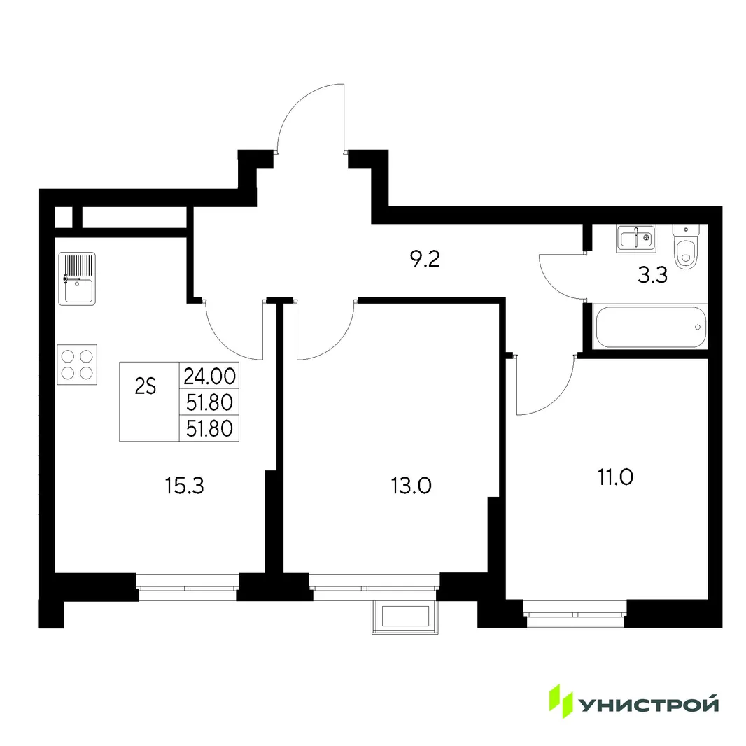 Планировка 2-комн. квартира, 51.8 м² ЖК «Стадиум»