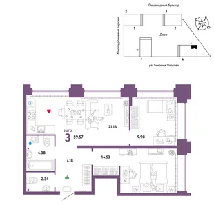Планировка 3-комн. квартира, 59.57 м² ЖК «Микрорайон Звездный»