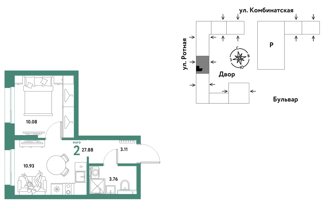 Планировка 2-комн. квартира, 27.72 м² ЖК «Уральский сад»