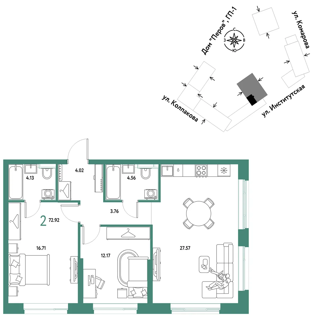 Планировка 2-комн. квартира, 72.92 м² ЖК «Страна.Парковая»