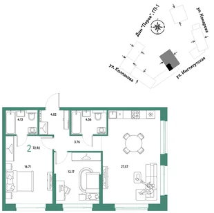 Планировка 2-комн. квартира, 72.92 м² ЖК «Страна.Парковая»