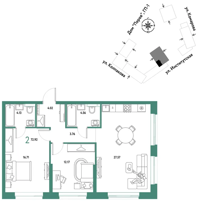 Планировка 2-комн. квартира, 72.92 м² ЖК «Страна.Парковая» Планировка 2-комн. квартира, 72.92 м² ЖК «Страна.Парковая»