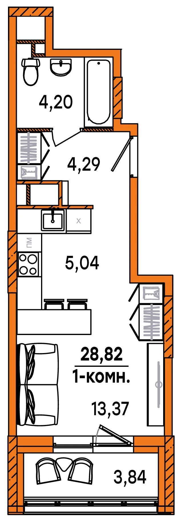 Планировка Студия, 28.82 м² ЖК «Юность» Планировка Студия, 28.82 м² ЖК «Юность»