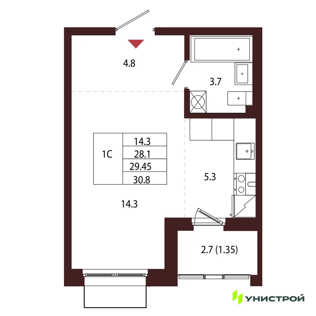 Планировка 1-комн. квартира, 29.45 м² ЖК «Лисино»