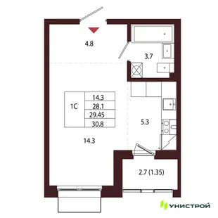 Планировка 1-комн. квартира, 29.45 м² ЖК «Лисино»
