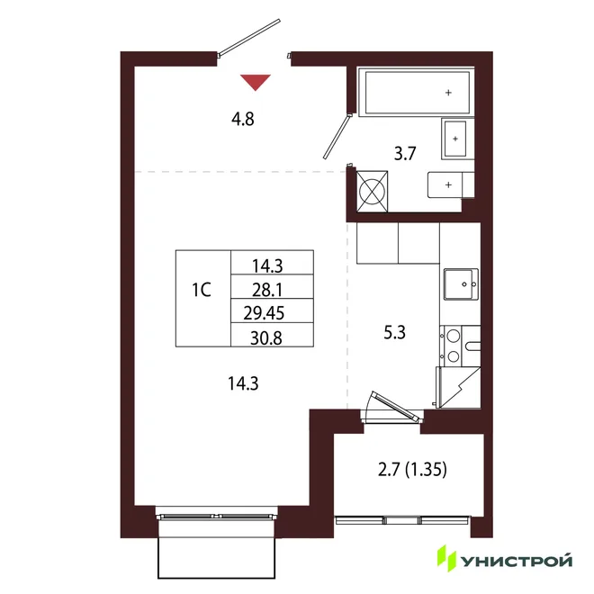 Планировка 1-комн. квартира, 29.45 м² ЖК «Лисино» Планировка 1-комн. квартира, 29.45 м² ЖК «Лисино»