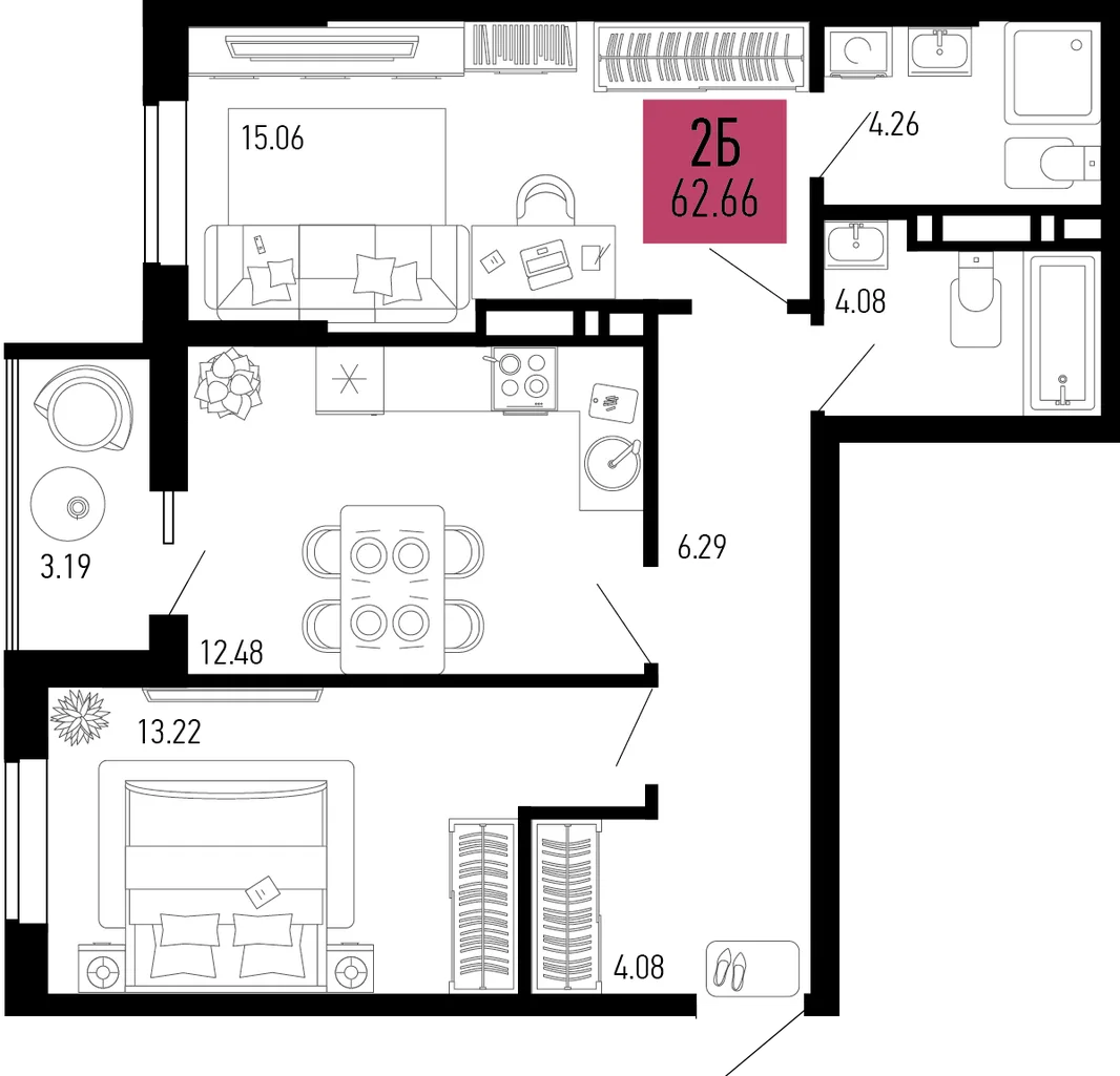 Планировка 2-комн. квартира, 62.66 м² ЖК «Столицыно»